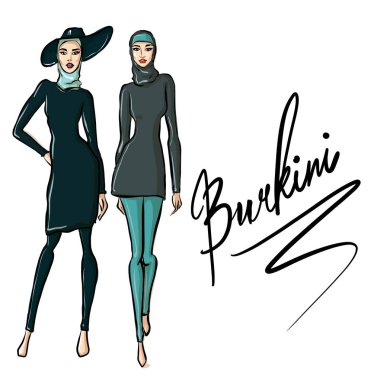burkini güzel arap kızlar. Youn elle çizilmiş illüstrasyon
