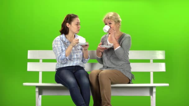 Zwei Frauen trinken Tee und unterhalten sich. Green Screen — Stockvideo