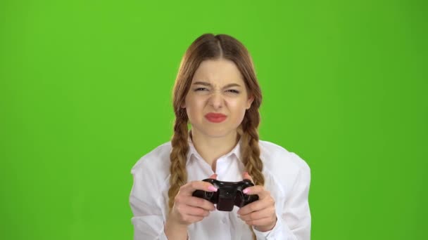Gamer Girl Holds Joystick Her Hands She Wins Happy End — Stock Video