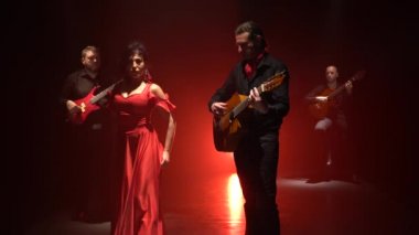 Gitaristler müzik yanında profesyonel bir kız tarafından gerçekleştirilen Flâmenko dansı. Arkadan ışık. duman arka plan