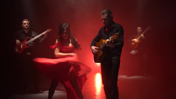 Tančící dívka flamenca. Světlo zezadu. kouřové pozadí — Stock video