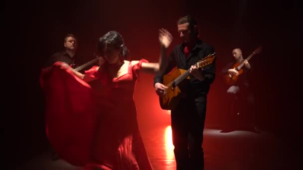 Spinning egy ruha lány egy flamenco tánc fejlődik. Fény hátulról. füst háttér — Stock videók