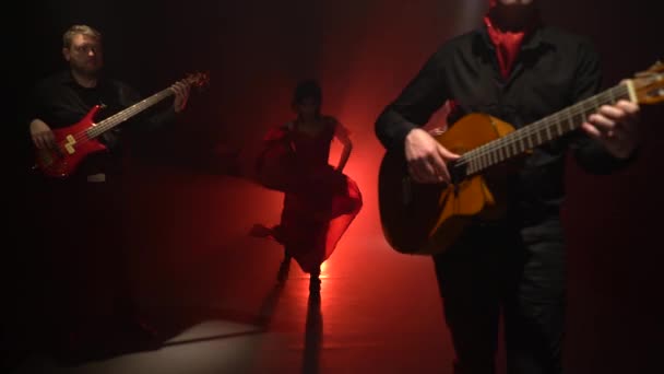 Meisje dansen flamenco dans. Licht van achter. rook achtergrond — Stockvideo