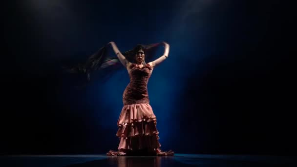 Chica está bailando el baile del flamenco. Luz por detrás. Fondo azul humo — Vídeos de Stock