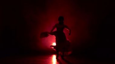 Arjantin Flamenko bir kışkırtıcı dans dansçı. Arkadan ışık. Duman arka plan. Siluet