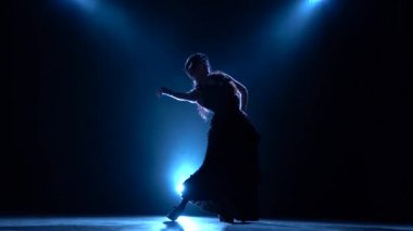 Kız seksi bir dans karanlık bir odada dans ediyor. Arkadan llight. Duman arka plan. Siluet