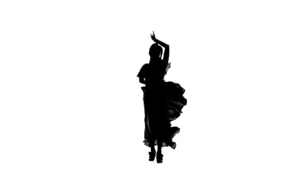 Bailarina se convierte en un baile incendiario del flamenco argentino. Fondo blanco. Silueta — Vídeos de Stock