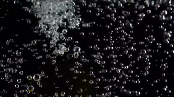 Orange falls under the water on air bubbles in the water isolated on black background — Stock Video