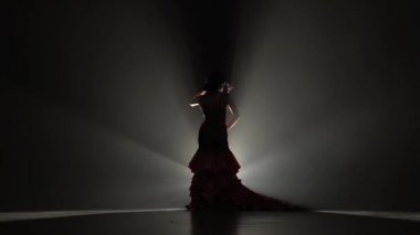 Kız dans hareketleri ile vücudu düz. Arkadan ışık. Duman arka plan. Ağır çekim. Siluet