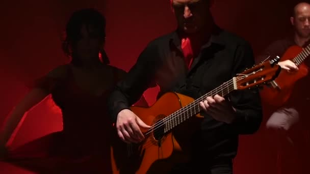 Dança do flamenco realizada por uma garota profissional ao lado de tocar guitarra. Luz por trás. fundo de fumo. Movimento lento — Vídeo de Stock