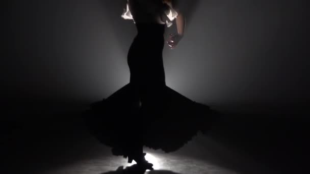 Flamenco. Meisje is dansen met castagnetten en haar been is trekken aan de staart van de jurk. Licht van achter. Rook achtergrond. Slow motion — Stockvideo