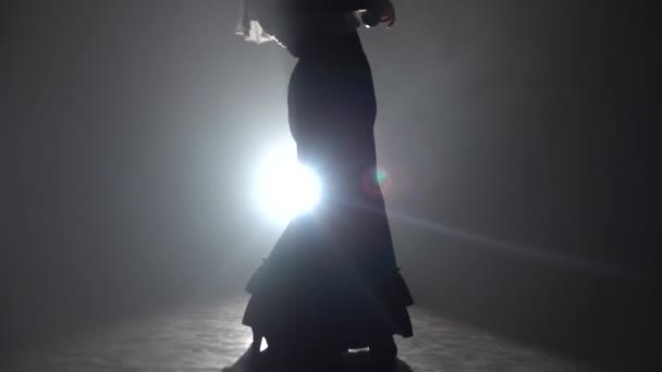 Chica en sombrero baila danza argentina con castañuelas. Luz por detrás. Fondo de humo. Movimiento lento — Vídeo de stock