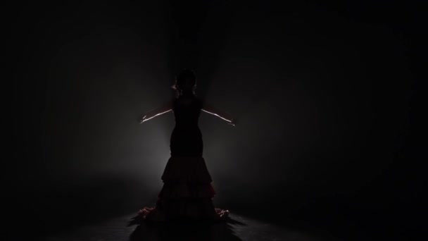 Fille danse mouvements coulants avec ses mains. Lumière par derrière. Fumée de fond. Au ralenti. Silhouette — Video