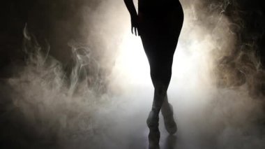 Kadın seksi bir dans dans ediyor. Siyah arka plan. Siluet. Ağır çekim