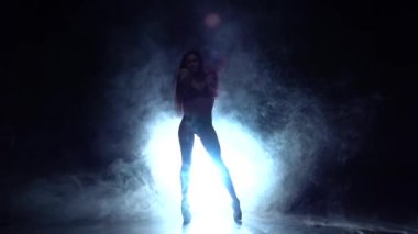 Kadın seksi bir dans dans ediyor. Siyah duman arka plan. Siluet. Ağır çekim