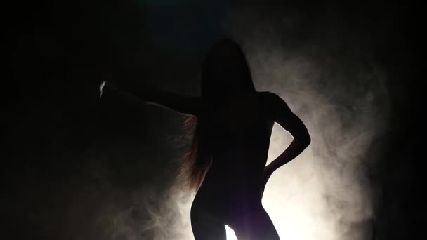 Striptease dansar en svart rök bakgrund. Siluett. Slow motion — Stockvideo