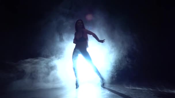 La chica está bailando un baile sexy. Fondo de humo negro. Silueta. Movimiento lento — Vídeo de stock