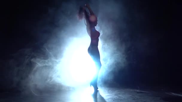 Striptease dances a black smoke background. Silhouette. Slow motion — Stock Video