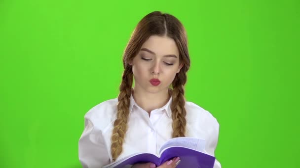 Student looks at the notebook and learns the material. Green screen. Slow motion — Stock Video