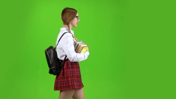 Student walks with a backpack on her back and carries books in her hands. Green screen. Slow motion. Side view — Stock Video