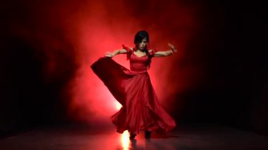 Dansçı Arjantinli Flamenko kışkırtıcı bir dans. Arkadan llight. Duman arka plan. Ağır çekim