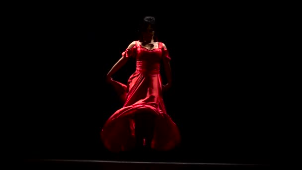 Girl Red Dress Dancing Sexual Movements Flamenco Dance Black Background — Stock Video