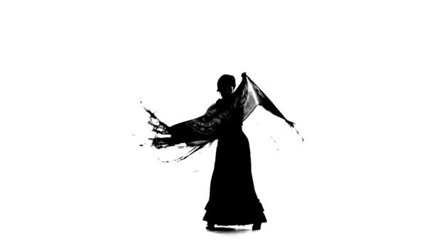 Meisje is dansen met een manton. Witte achtergrond. Silhouet. Slow motion — Stockvideo