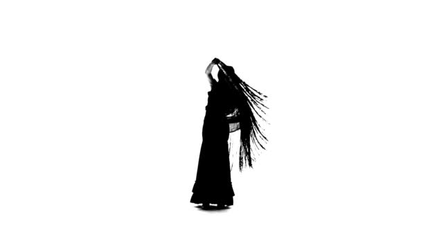 Flamenco. Vrouw is dansen met een manton. Witte achtergrond. Silhouet. Slow motion — Stockvideo