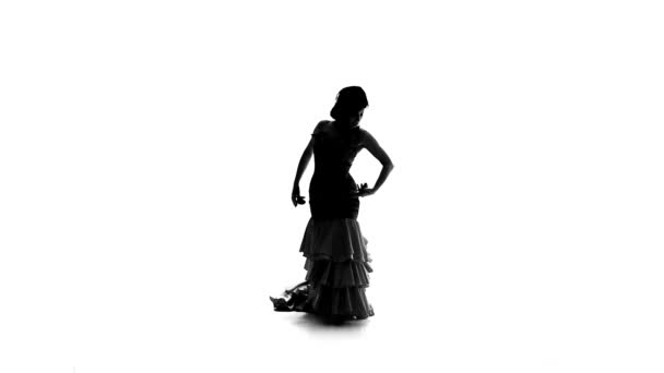 Flamenco. Meisje dansen in een mooie jurk met castagnetten. Witte achtergrond. Silhouet — Stockvideo