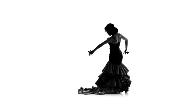 Fille danse dans une belle robe avec des castagnettes. Fond blanc. Silhouette — Video