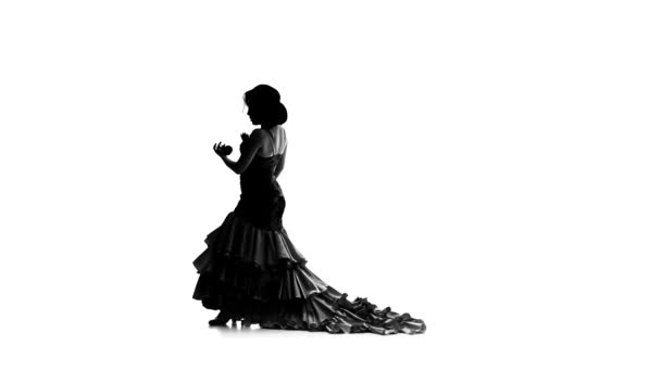 Flamenco. Dziewczyna tańczy się w piękną sukienkę z kastaniety. Białe tło. Sylwetka — Wideo stockowe