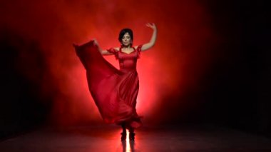 Flamenko bir kışkırtıcı dans kız. Arkadan llight. Duman arka plan. Ağır çekim