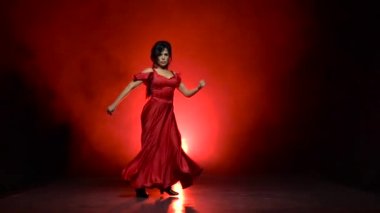 Dansçı Arjantinli Flamenko kışkırtıcı bir dans. Arkadan llight. Duman arka plan. Ağır çekim