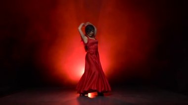 Flamenko bir kışkırtıcı dans kız. Arkadan llight. Duman arka plan. Ağır çekim