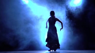 Şık bir elbise bir kışkırtıcı dans, flamenko dansçısı. Arkadan llight. Duman arka plan. Siluet. Ağır çekim