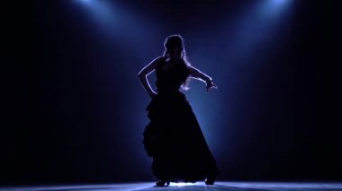 Flamenko. Dansçı karanlık odada elleri zarif hareketler yapar. Arkadan llight. Duman arka plan. Siluet. Ağır çekim