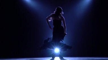 Kız zarif el hareketleri ile karanlık bir odada dans ediyor. Arkadan llight. Duman arka plan. Siluet. Ağır çekim