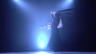 Bir İspanyol kışkırtıcı dans elinde bir manton ile dans eden kadındır. Arkadan llight. Duman arka plan. Siluet. Ağır çekim