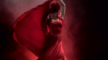 Şık bir elbise dansçı Arjantinli Flamenko bir kışkırtıcı dans döner. Arkadan llight. Duman arka plan. Ağır çekim.