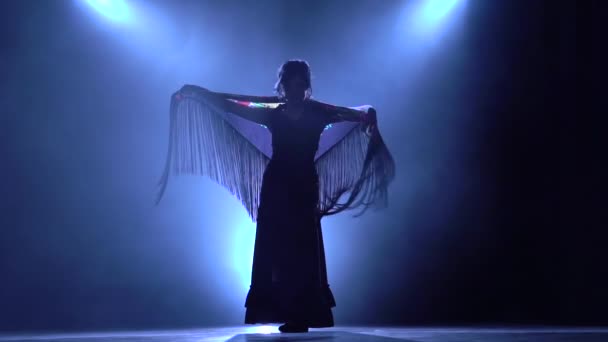 Flamenco. Frau tanzt mit einem Manton in den Händen eines spanischen Brandtänzers. Das Licht von hinten. Rauchentwicklung. Silhouette. Zeitlupe — Stockvideo