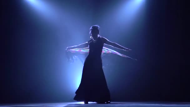 Flamenco. La mujer está bailando con un manto en las manos de un baile incendiario español. Ligero por detrás. Fondo de humo. Silueta. Movimiento lento — Vídeos de Stock