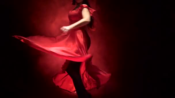 Dançarino em um vestido chique vira em uma dança incendiária de flamenco argentino. Luz por trás. Fundo de fumo. Movimento lento — Vídeo de Stock