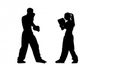 Düz vuruş kickboks Boks tarihinde gelişimi paws. Siluet. Beyaz arka plan
