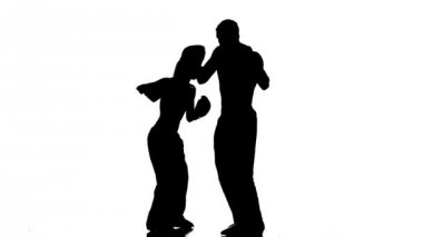 Düz vuruş kickboks Boks tarihinde gelişimi paws. Siluet. Beyaz arka plan