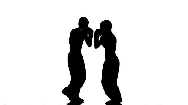La chica está pateando al tipo que están peleando por kickboxing. Silueta. Fondo blanco — Vídeos de Stock