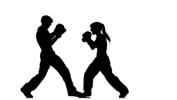 Mädchen kickt den Kerl, den sie zum Kickboxen einladen. Silhouette. weißer Hintergrund — Stockvideo