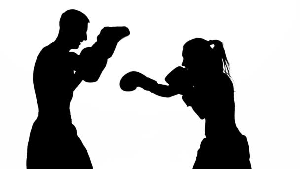 Kampf zwischen dem Kerl und dem Mädchen auf den Boxpfoten. Silhouette. weißer Hintergrund — Stockvideo