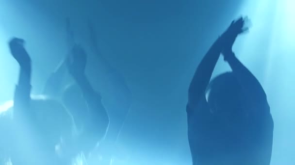 Teenagers enjoy music in the smoke on concert. Silhouette. Slow motion — Stock Video