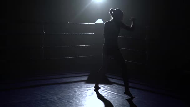 Le ragazze si allenano, fanno boxe sul ring. silhouette — Video Stock