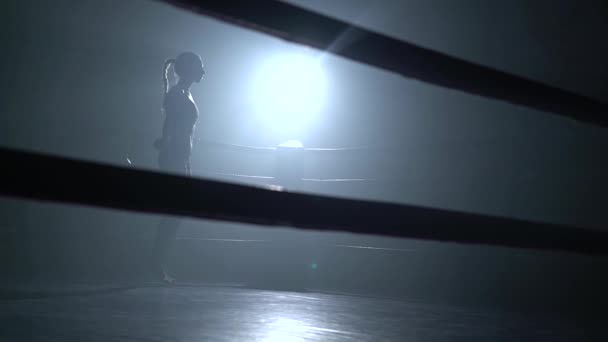 Dívka skákání přes švihadlo v tmavým prstencem. Silueta — Stock video